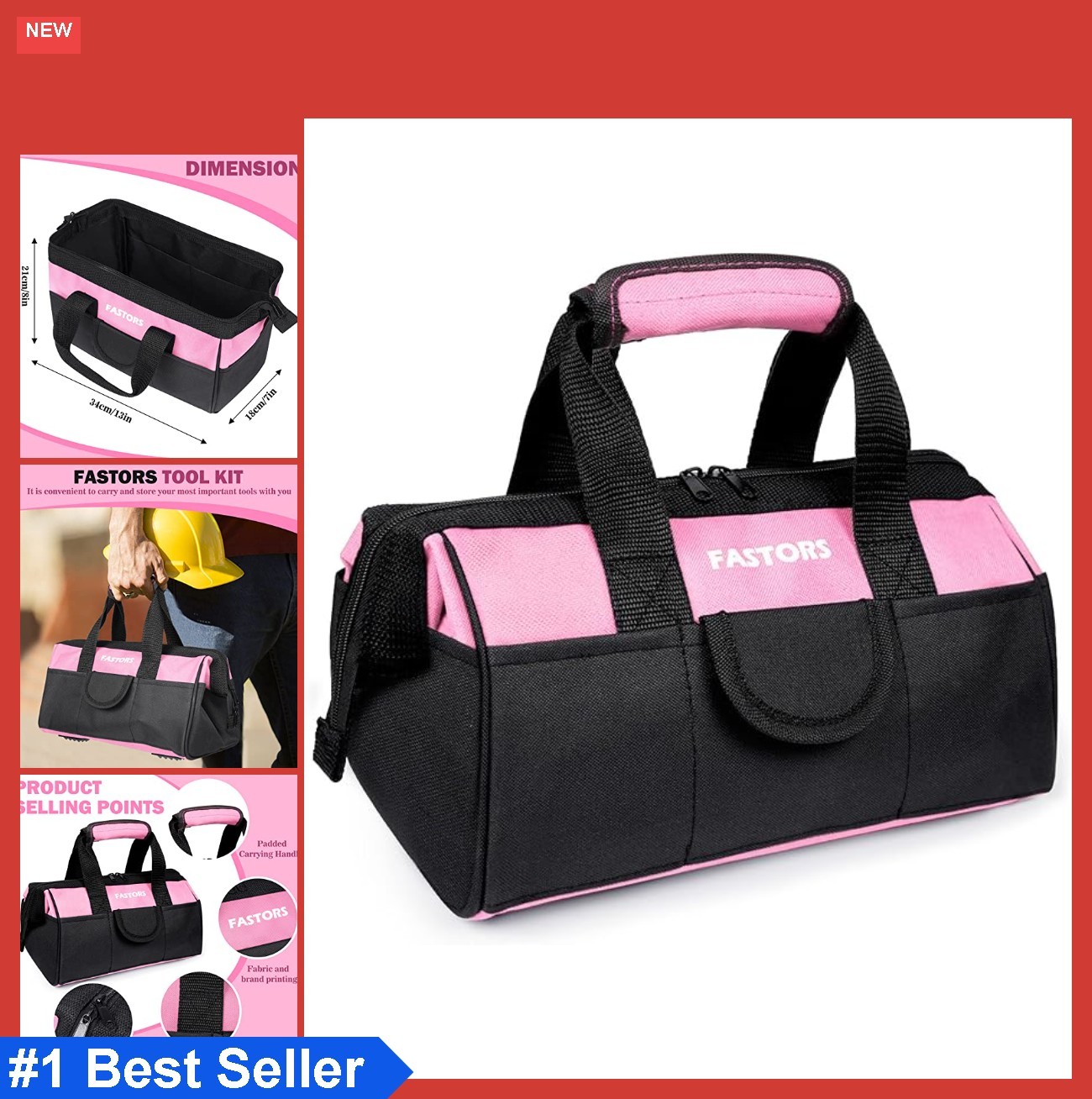 Pink Tool Bag 13 Inch Wide Mouth Double Zipper 8 Outside Pockets 2 Inside