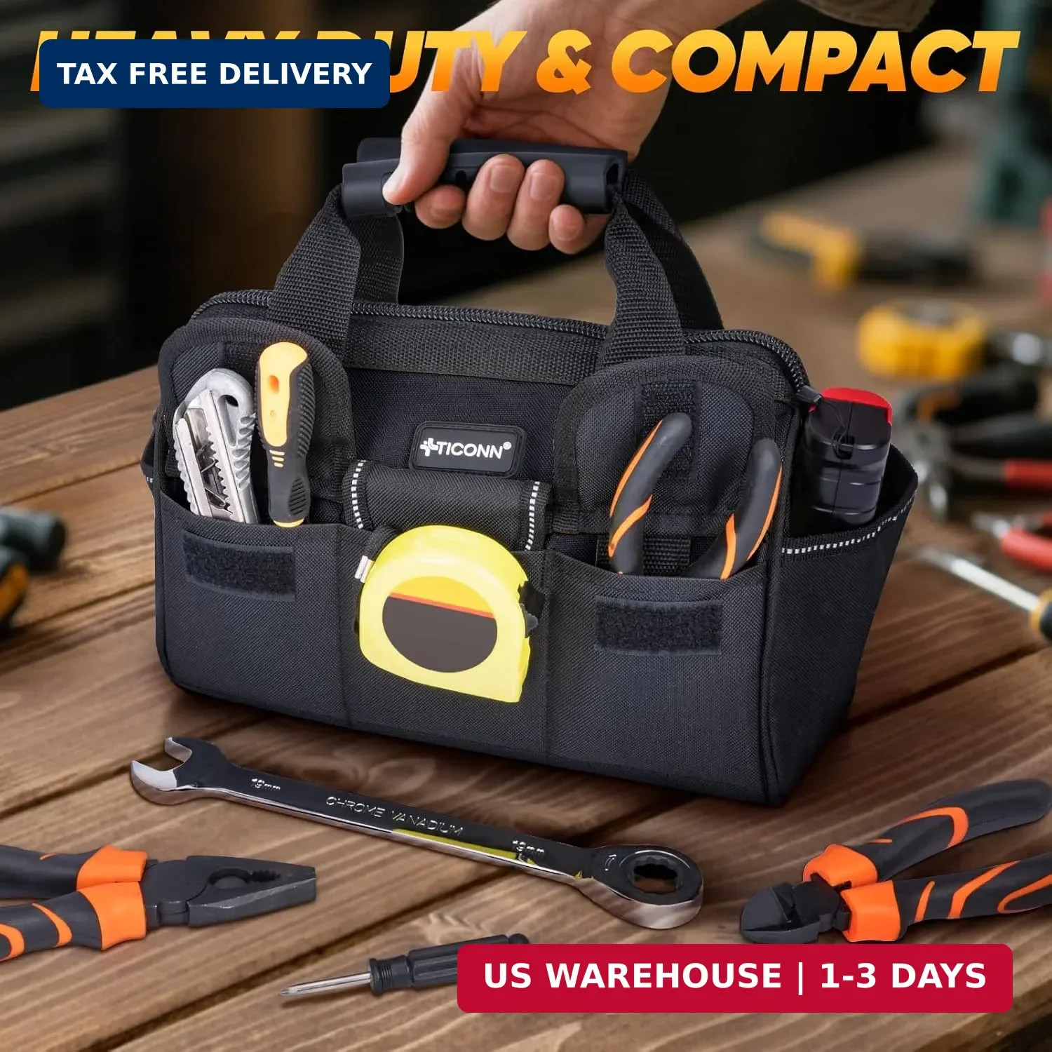 TICONN Heavy Duty Tool Bag with Multi-Pockets, Portable Tool Box Organizer Stora