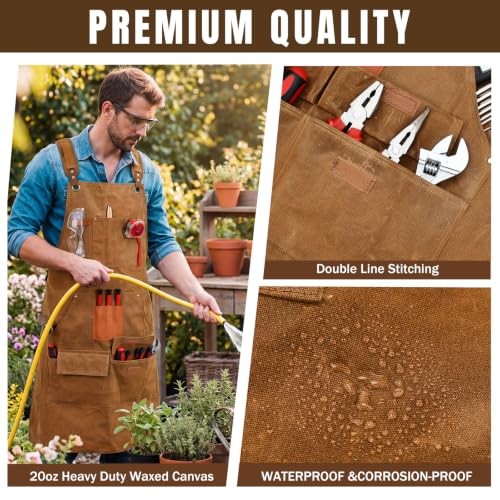 Waxed Canvas Woodworking Apron for Men, Heavy Duty Shop Apron with 9 Tool