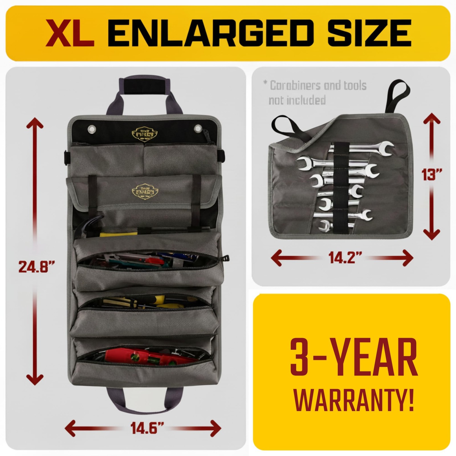 Black Pro Tool Roll – Heavy-Duty Canvas Roll-Up Tool Organizer w/detachable p…