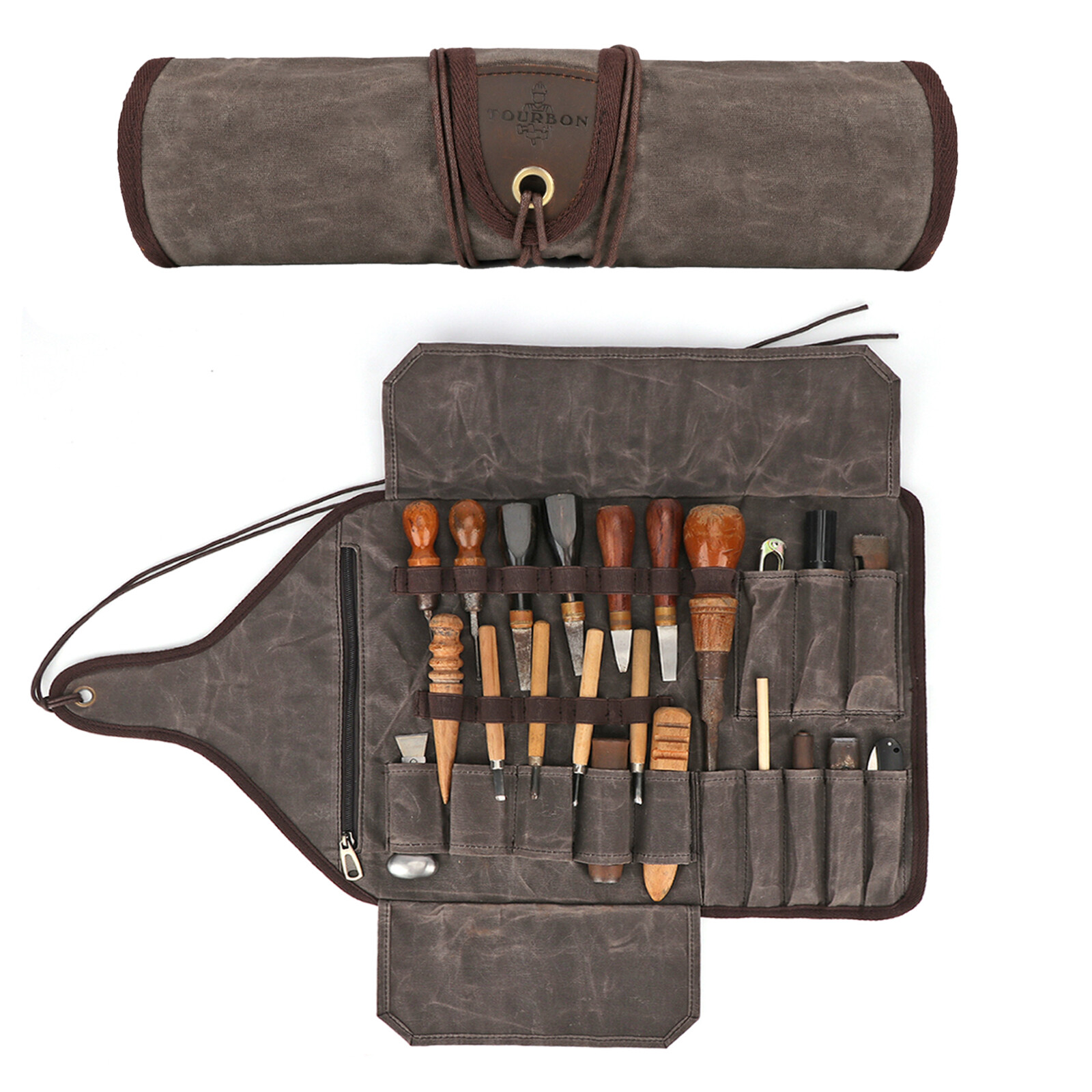 TOURBON Vintage Wax Canvas Carving Tool Organizer Bag Roll up Storage Holder