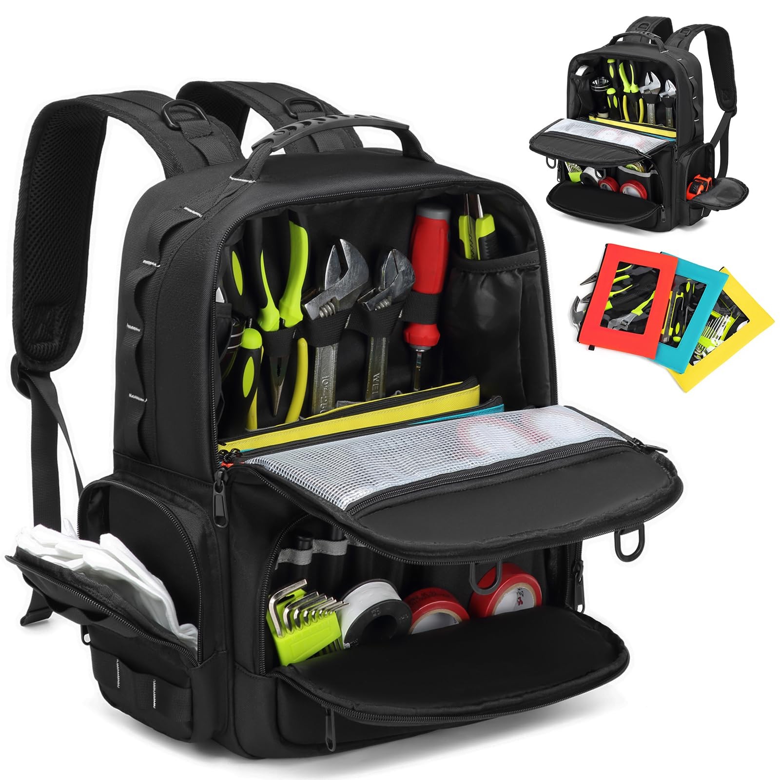 Heavy Duty Tool Backpack Organizer with 3 Pouches for Electricians Technicians