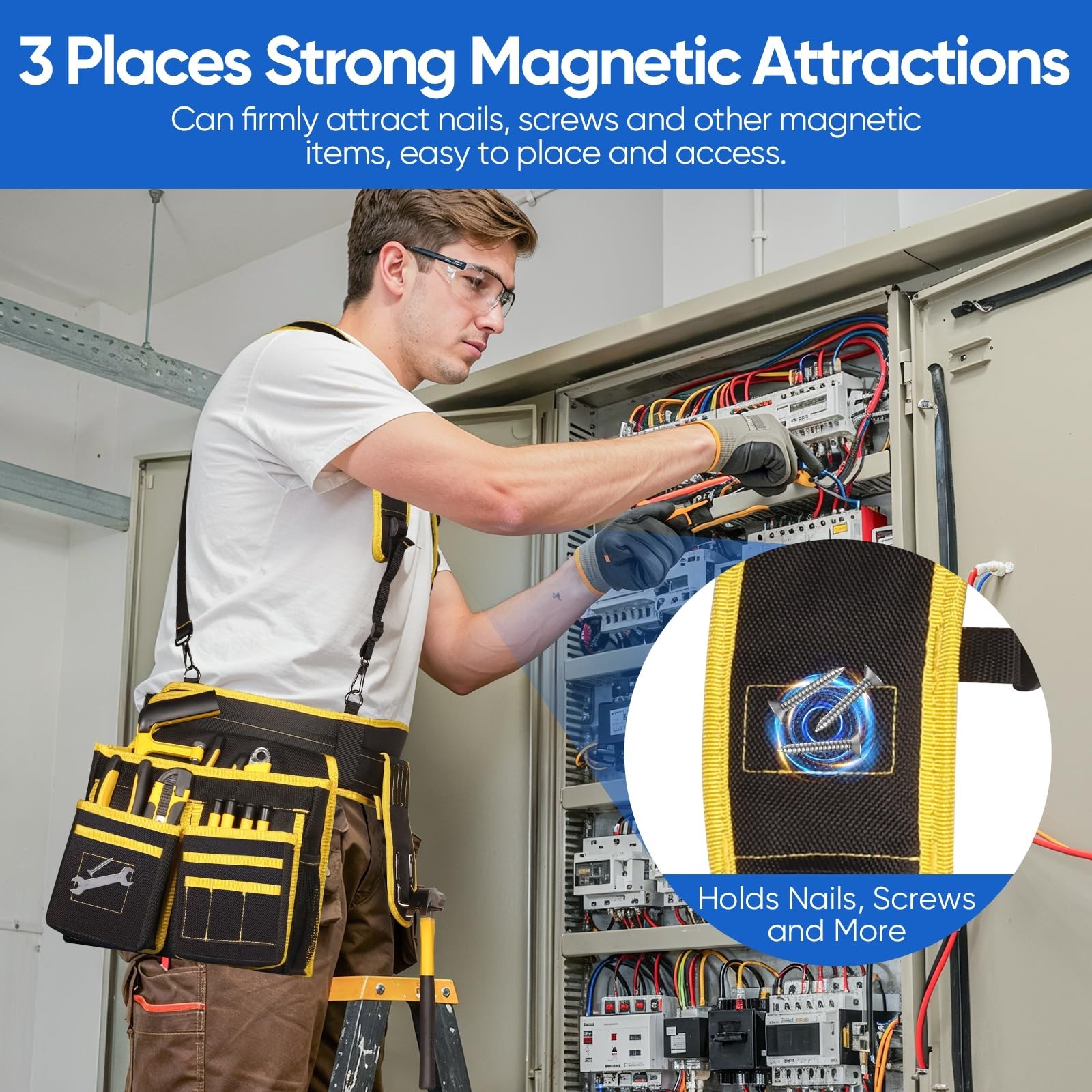 Heavy Duty Tool Belt with Suspenders, 28 Pockets, Magnetic, Adjustable 32″-66