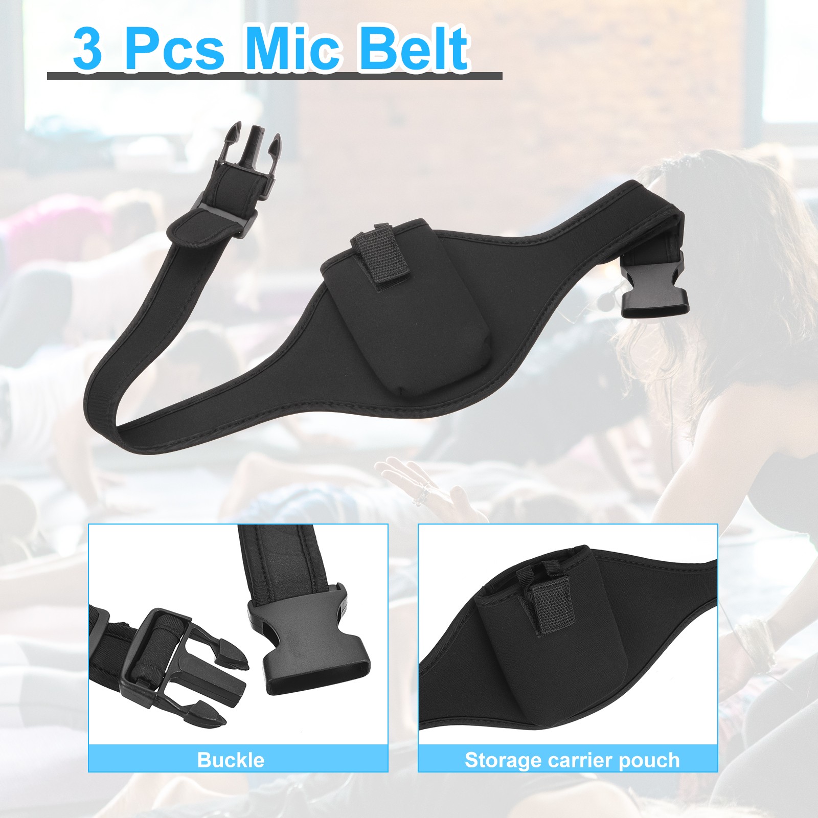 3 Pack Mic Belt 27″ to 39″ Adjustable Elastic Microphone Pack Belt Black