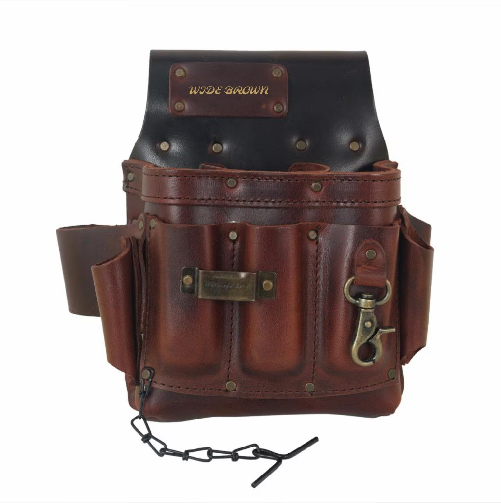 PU Leather Electrician’s Tool Pouch: Antique/ black Rivets, 3″ Belt Loop