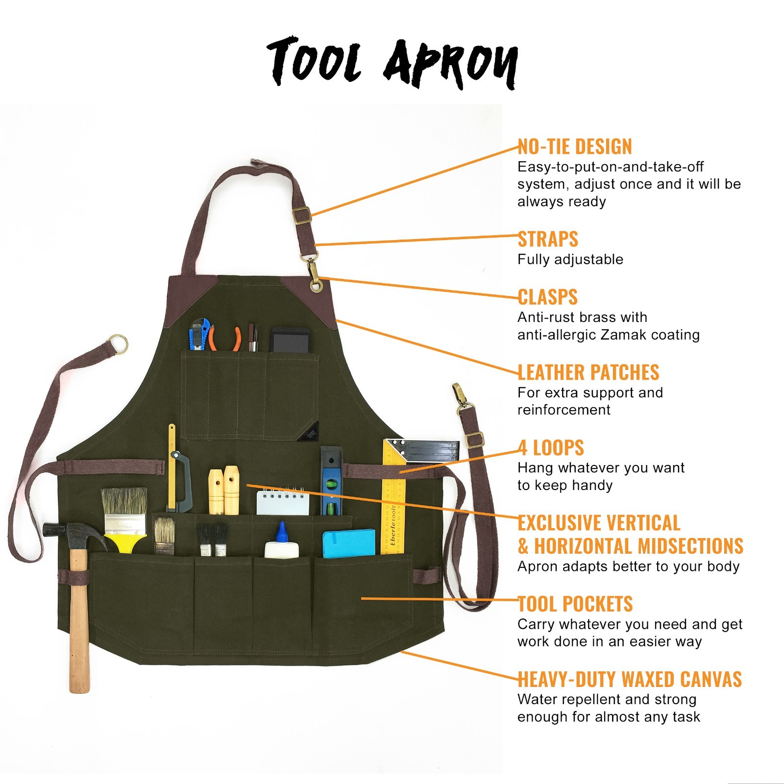 Tool Apron – 12 Pockets, Heavy-Duty Waxed Canvas, Leather Trim, NoTie – Woodwork