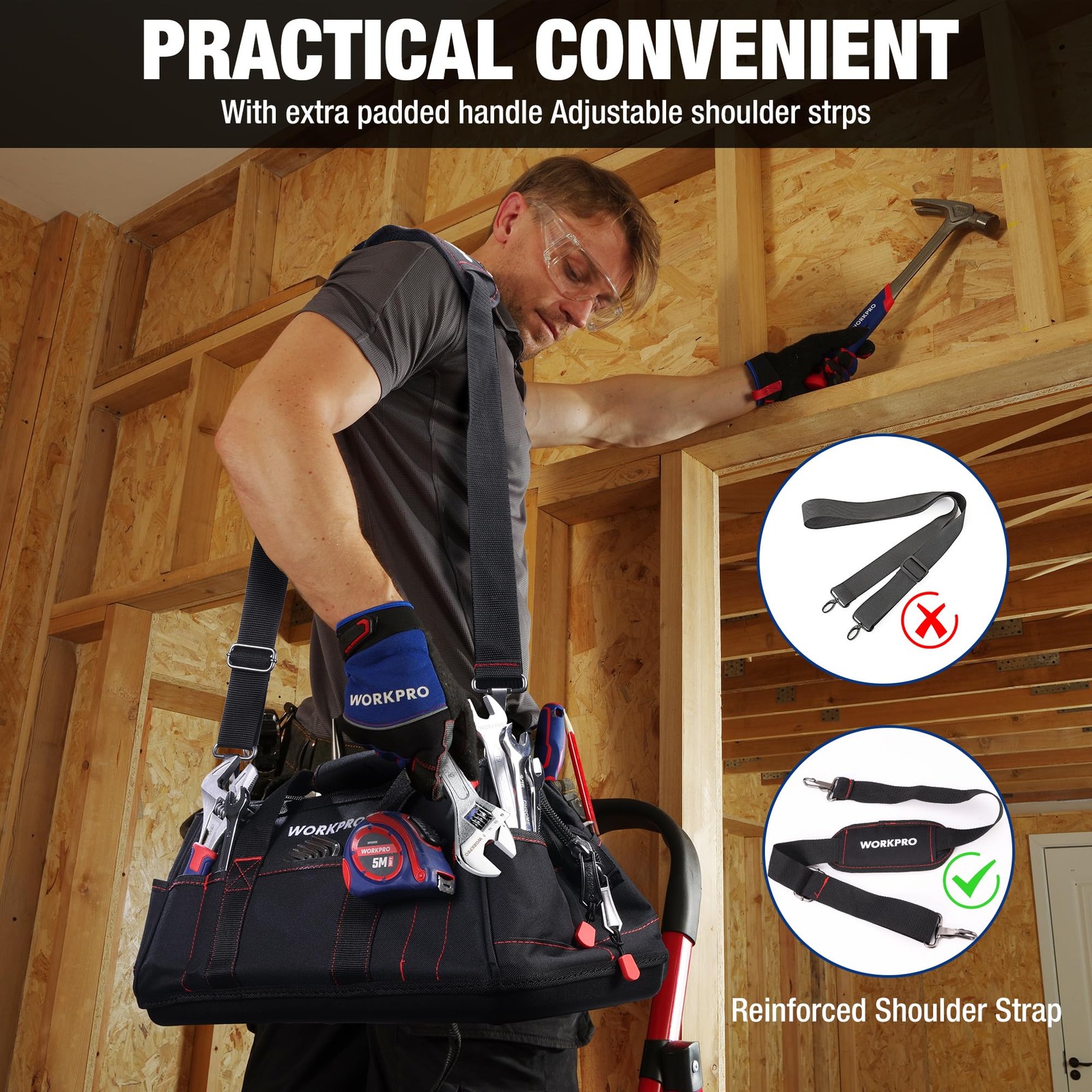 WORKPRO 16-inch Close Top Wide Mouth Tool Storage Bag with 16inch, Black