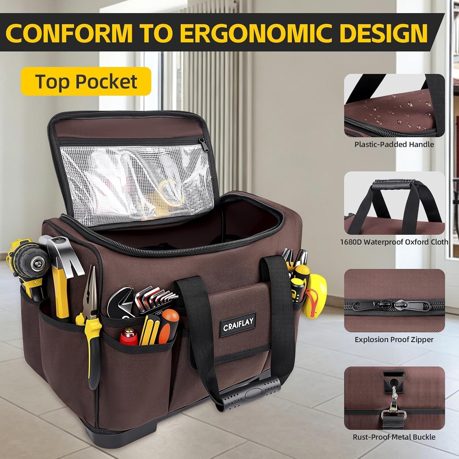 Heavy Duty 16-Inch 29 Pocket Waterproof Tool Bag for Electricians & Contractors