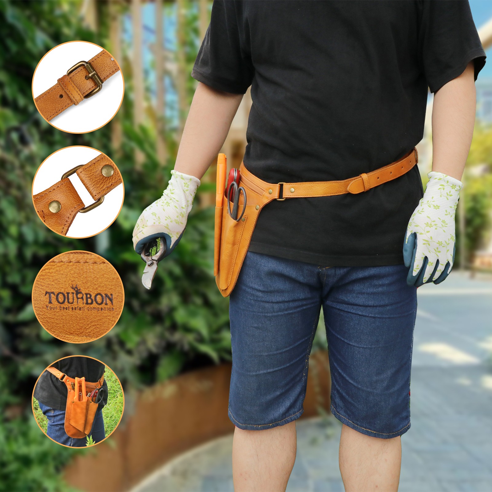 TOURBON Leather Gardening Tools Belt Florist Holder Bag Utility Pouch Phone Case