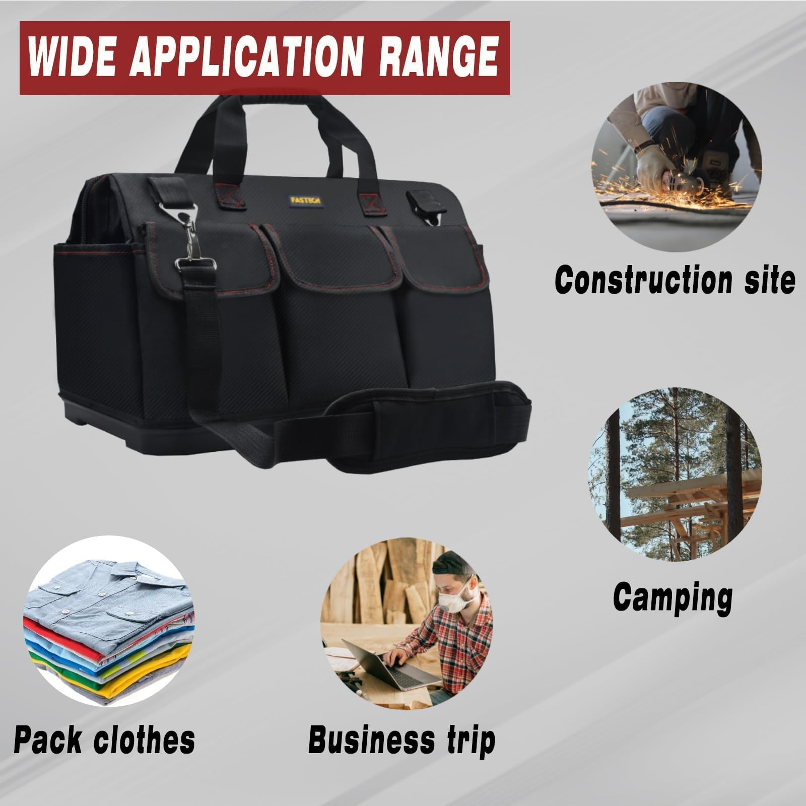 15-inch Heavy Duty Tool Bag with Wide Mouth Inside Pockets for Storage