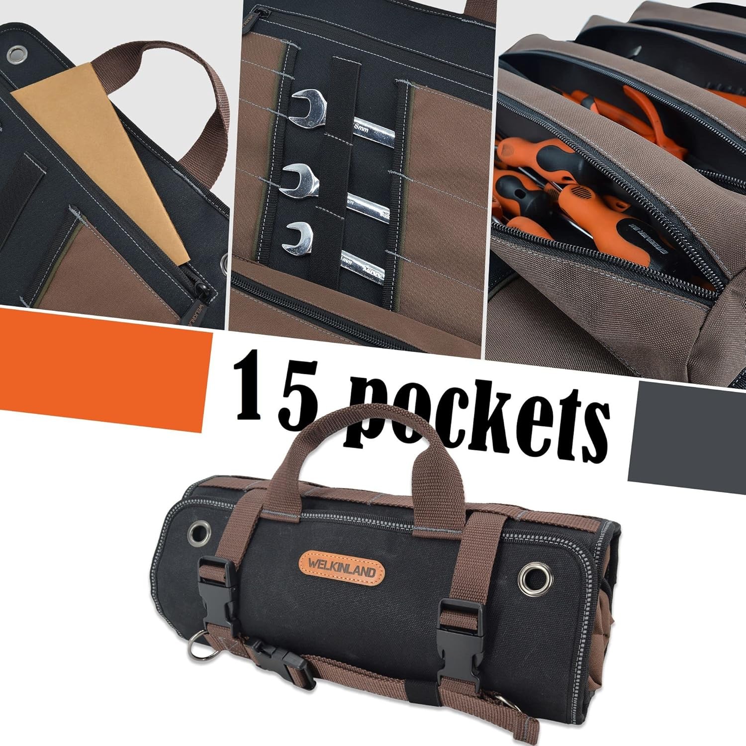WELKINLAND Heavy-Duty Waxed Canvas Tool roll, 15-Pockets Black/Brown