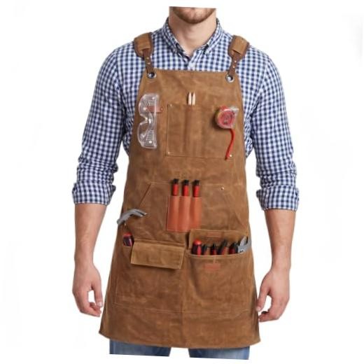Waxed Canvas Woodworking Apron for Men, Heavy Duty Shop Apron with 9 Tool