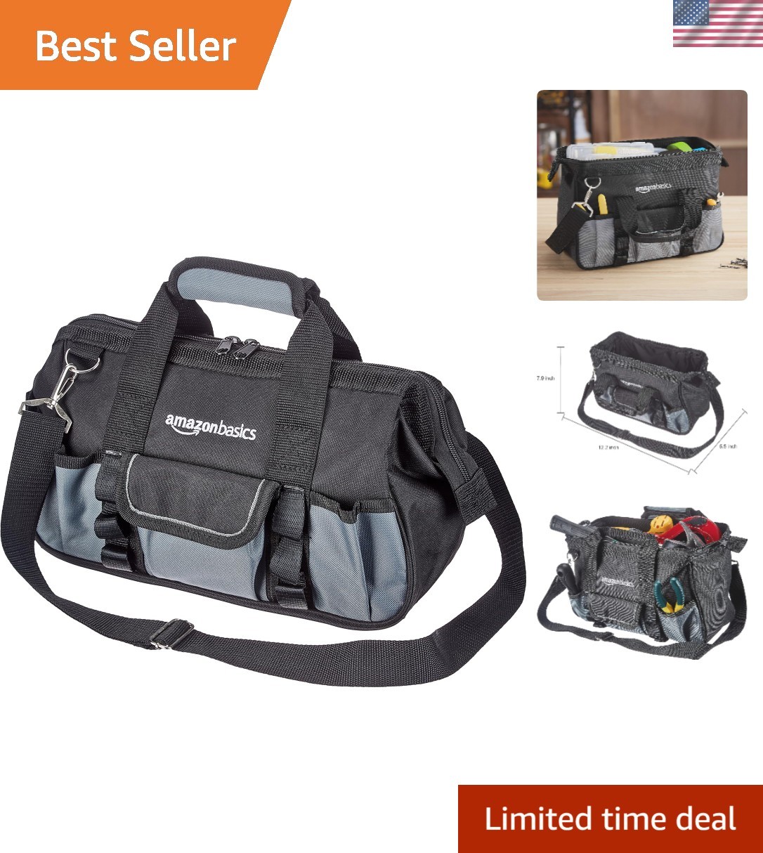 Portable 12-Inch Tool Organizer with 16 Pockets & Adjustable Strap in Black/Gray