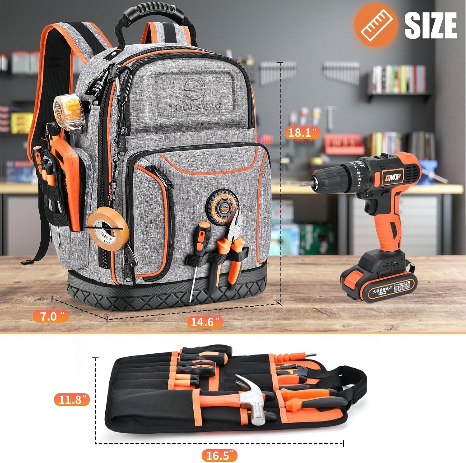 Comfortable Construction Tool Bag, Adjustable Straps