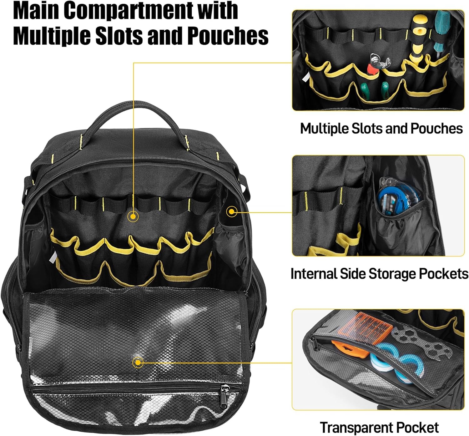 Tool Bag Backpack for Men with 3 Pouches, Heavy-Duty Storage Black