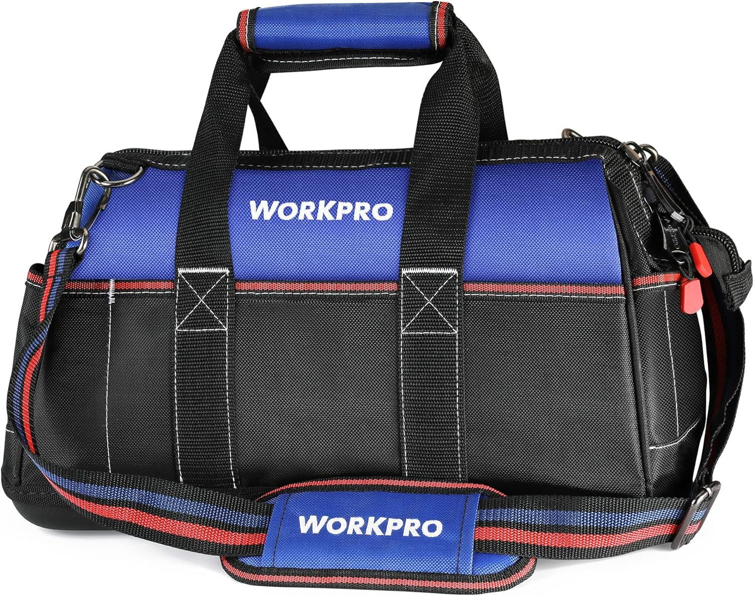 WORKPRO 16-inch Wide Mouth Tool Bag, Heavy Duty Cloth Black, Blue, Red