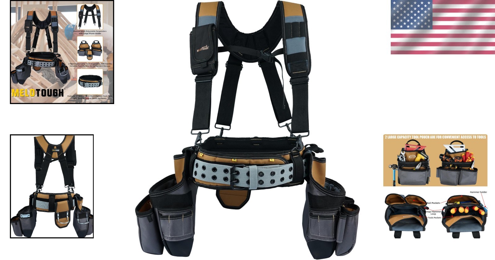 28-Pocket Heavy-Duty Tool Belt & Padded Suspenders for Professionals – Khaki