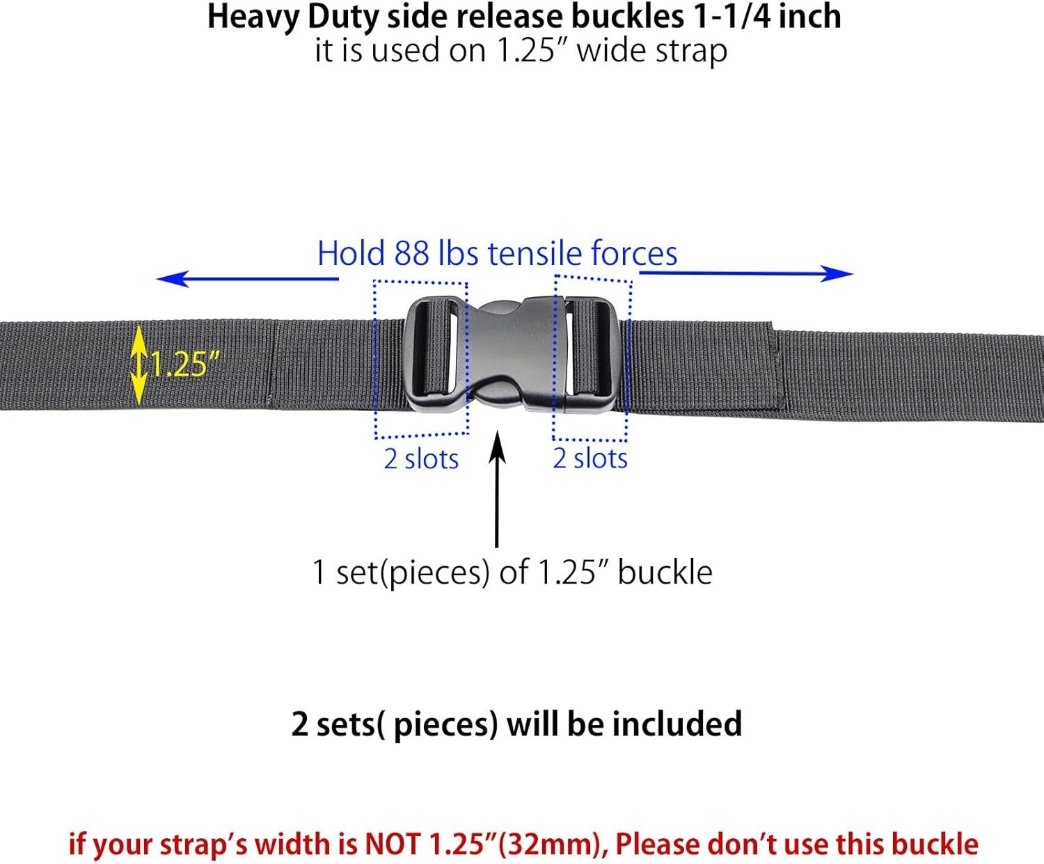 Heavy Duty 1-1/4 Inch Plastic Side Release Buckles 2 Sets Black Webbing Strap