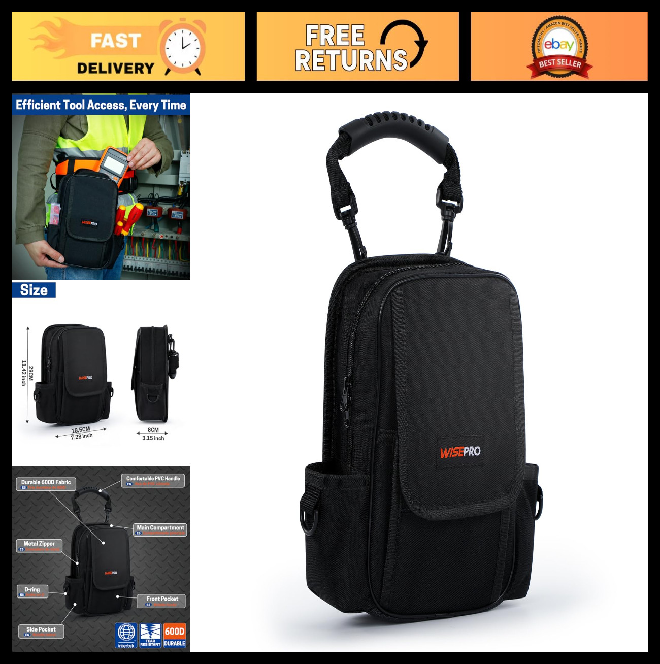 Waterproof Tool Pouch, Zippered 600D Small Tech Bag with Handle for Electricians