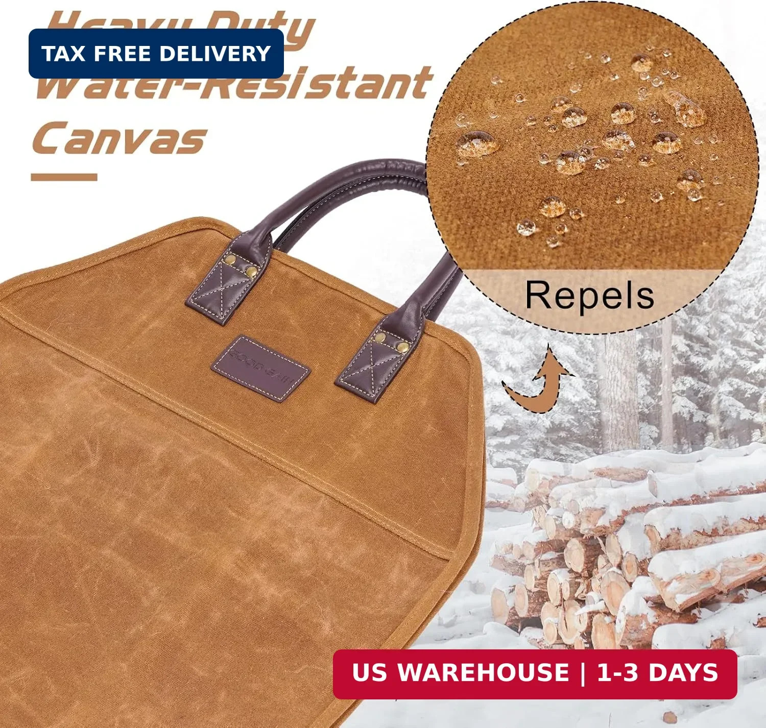 GOOD GAIN Firewood Carrier Waxed Canvas with Faux Leather Handle, Wood Carrier f