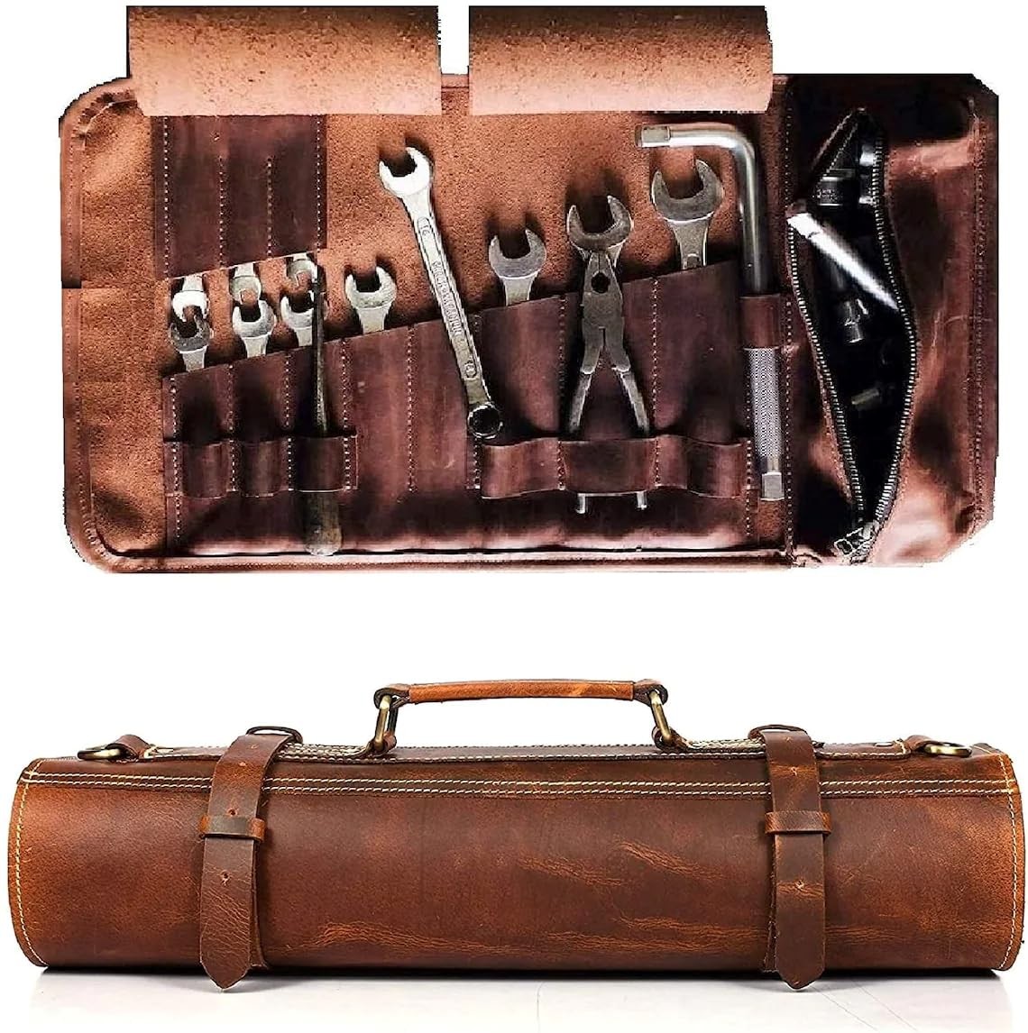 DarkRabbit Leather Roll up Tool Bag, 17 Pcs Tool Organizer, Motorcycle Tool R…