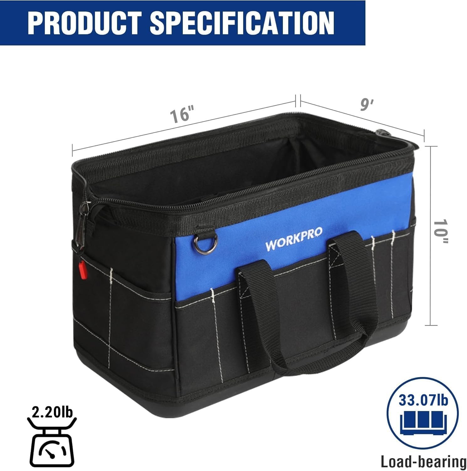 16-Inch Wide Mouth Tool Bag – Waterproof & Multi-Pocket Organizer for Every Task
