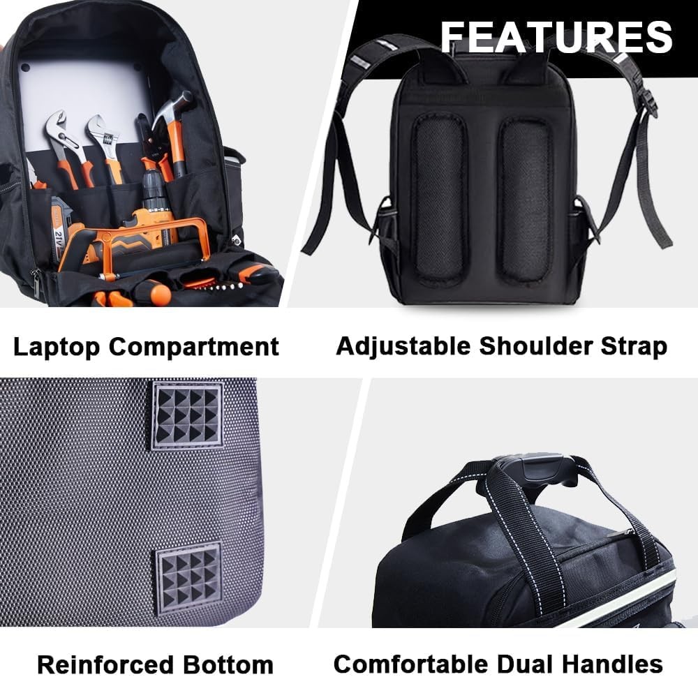 Tool Backpack for Men 18 Inch Heavy Duty Waterproof Multiple Pockets Tool Bag Or