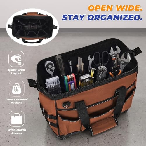 Heavy Duty Canvas Tool Bag, Wide Mouth Tool Tote Organizer with Standard Brown