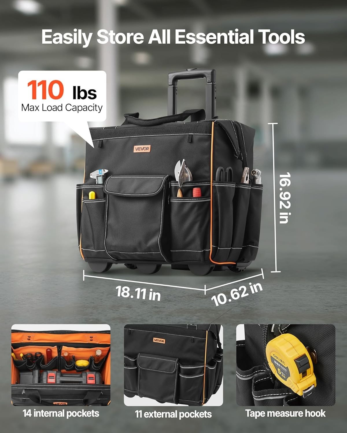 18″ Heavy-Duty Rolling Tool Bag – 25 Pockets, 110lbs Capacity, Water-Resistant