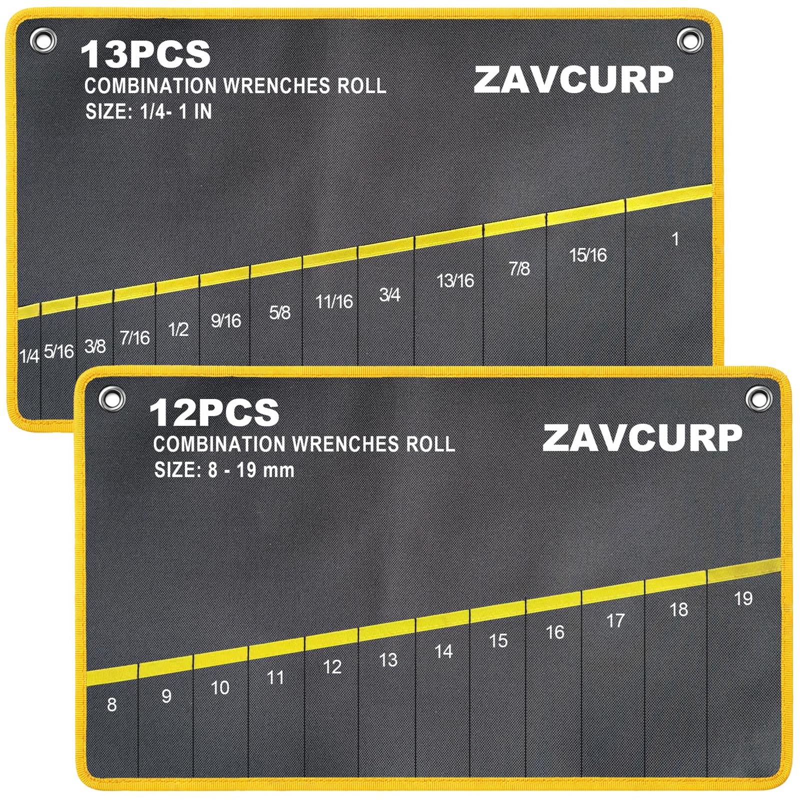 2PCS Wrench Roll Up Pouch, 12 Pockets Metric + 13 SAE, Black