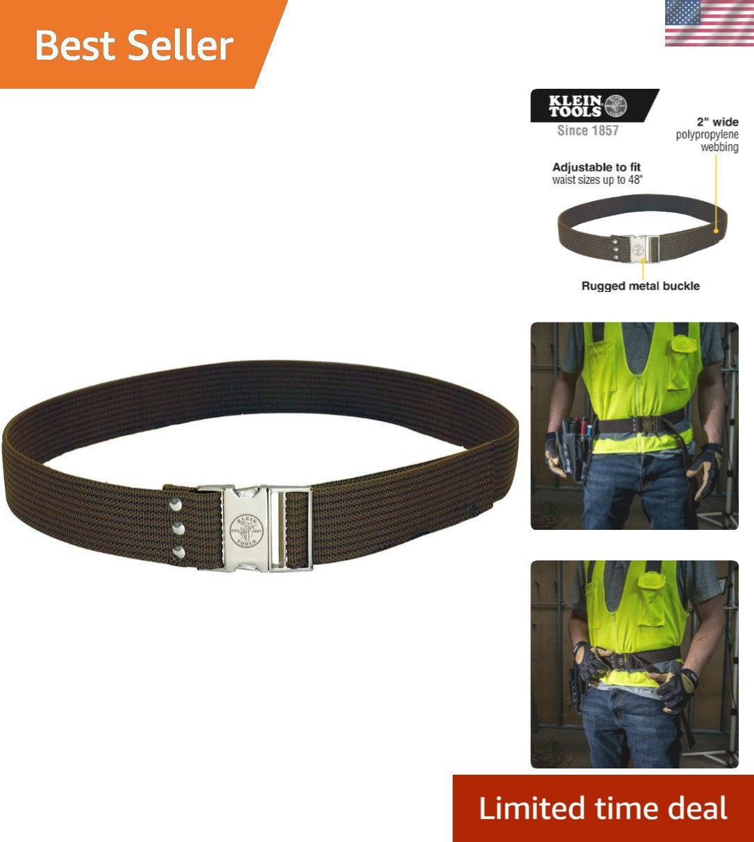 Klein 5225 Adjustable Tool Belt for Electricians – 2-Inch, 48-Inch Waist Fit