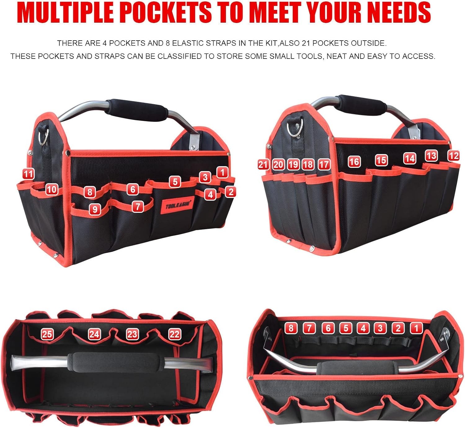 TOOLEAGUE 19 Inches Heavy Duty Tool Bag 25 Pockets, 19 inches(Open Top), red