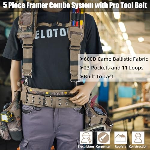 Camo Tool Belt with Suspenders Camouflage Tool Bag Supenders Framers Comb