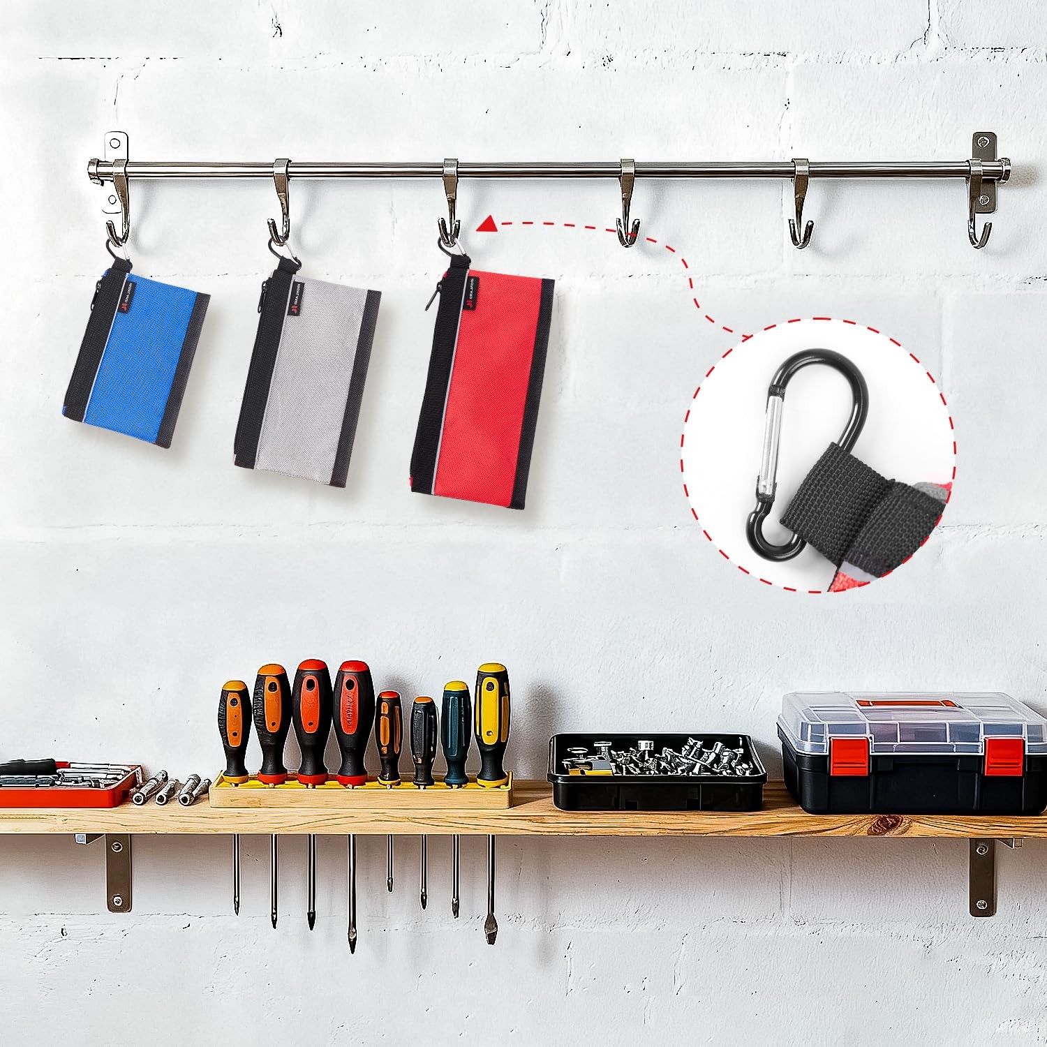 IRONLAND Small Tool Pouches with Zipper 4 Pack Combo, Black,Red,Grey,Blue