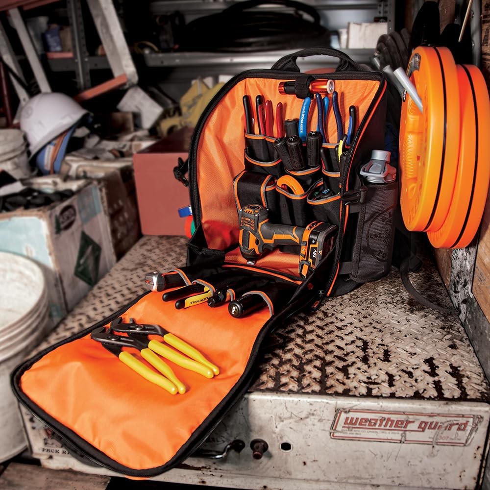 Klein Tools Tradesman Pro Tool Backpack 21 Pockets Water Resistant Black Orange