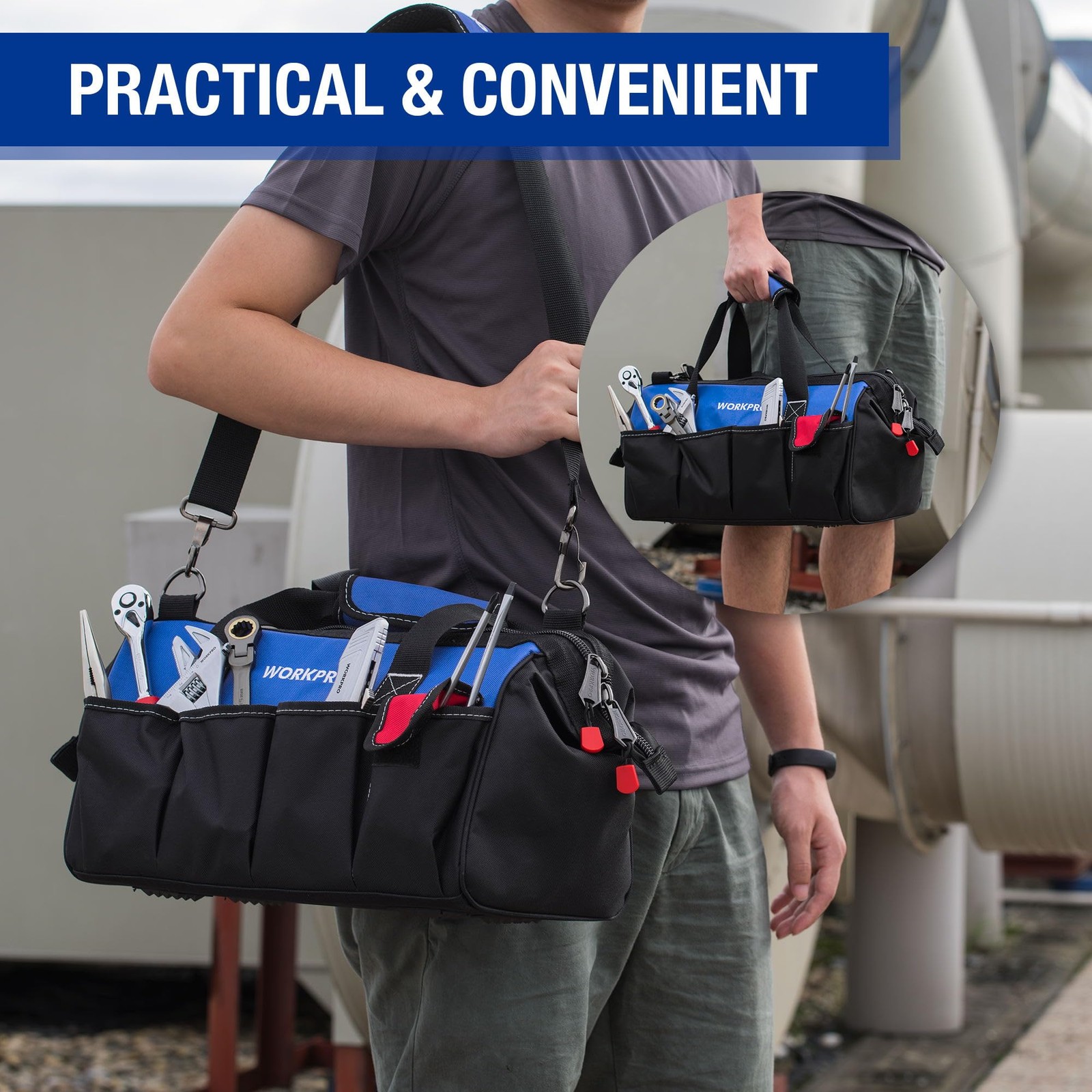 18-inch Close Top Wide Mouth Storage Tool Bag with Adjustable Shoulder Strap,