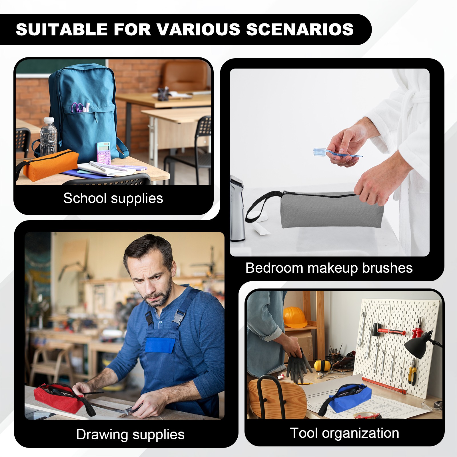 2 Pcs 9.8×3.3×2.8″ Multi Purpose Zipper Canvas Tool Pouch, Black/Red