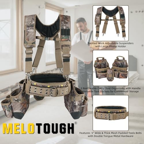 Camo Tool Belt with Suspenders Camouflage Tool Bag Supenders Framers Comb