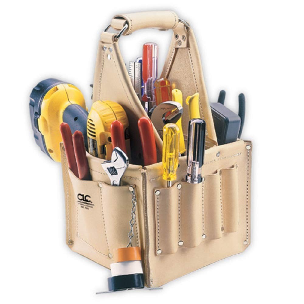 Heavy Duty Leather Tool Pouch 17 Pocket Utility Carrier With Reinforced Handle