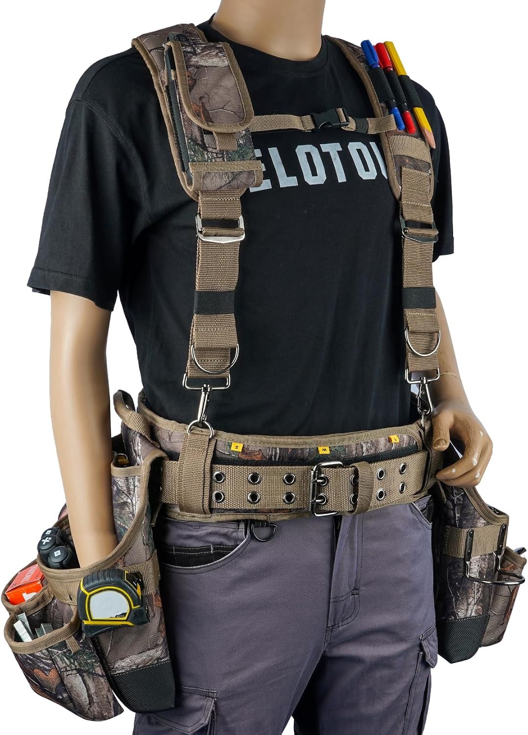 Camo Tool Belt with Suspenders, Heavy Duty Carpenter Tool Pouch