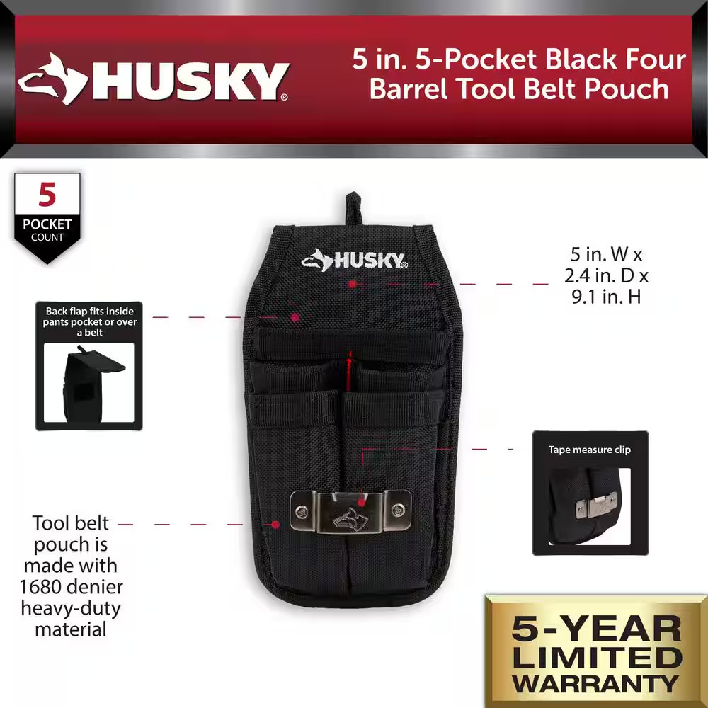 5 In. 5-Pocket Black Four Barrel Tool Belt Pouch