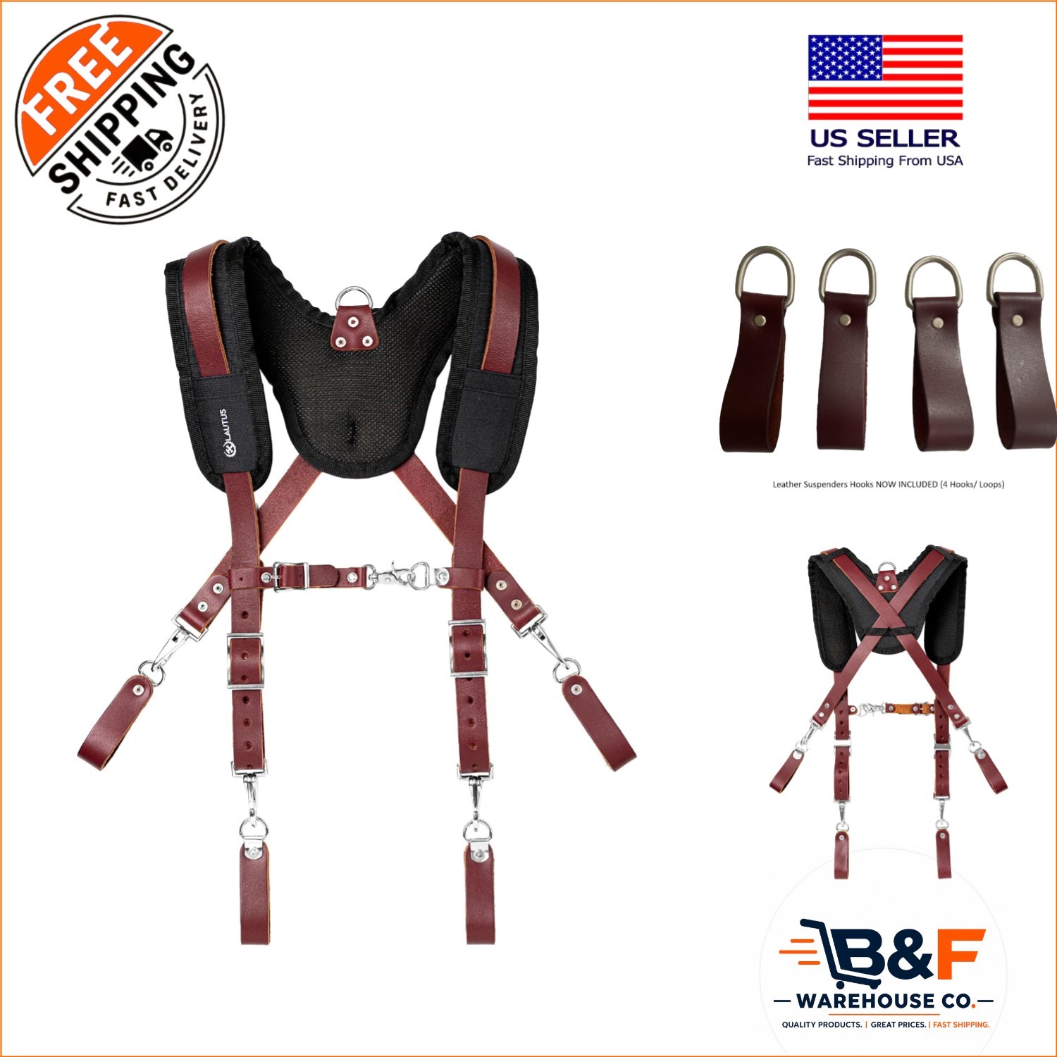 Professional Grade Leather Tool Belt Suspenders with Pencil Sleeve & Steel Hooks
