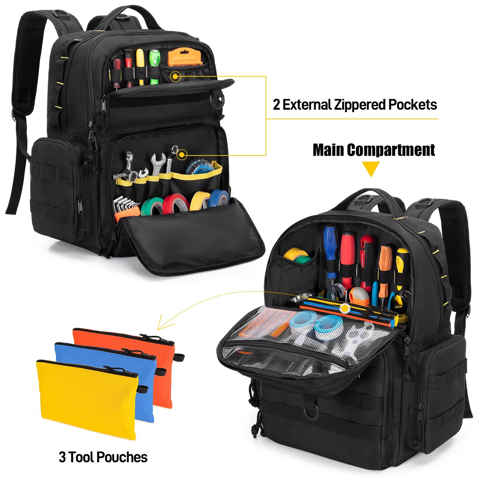 Rexmica Tool Bag Backpack for Men with 3 Tool Pouches, Heavy-Duty Tool Storag…