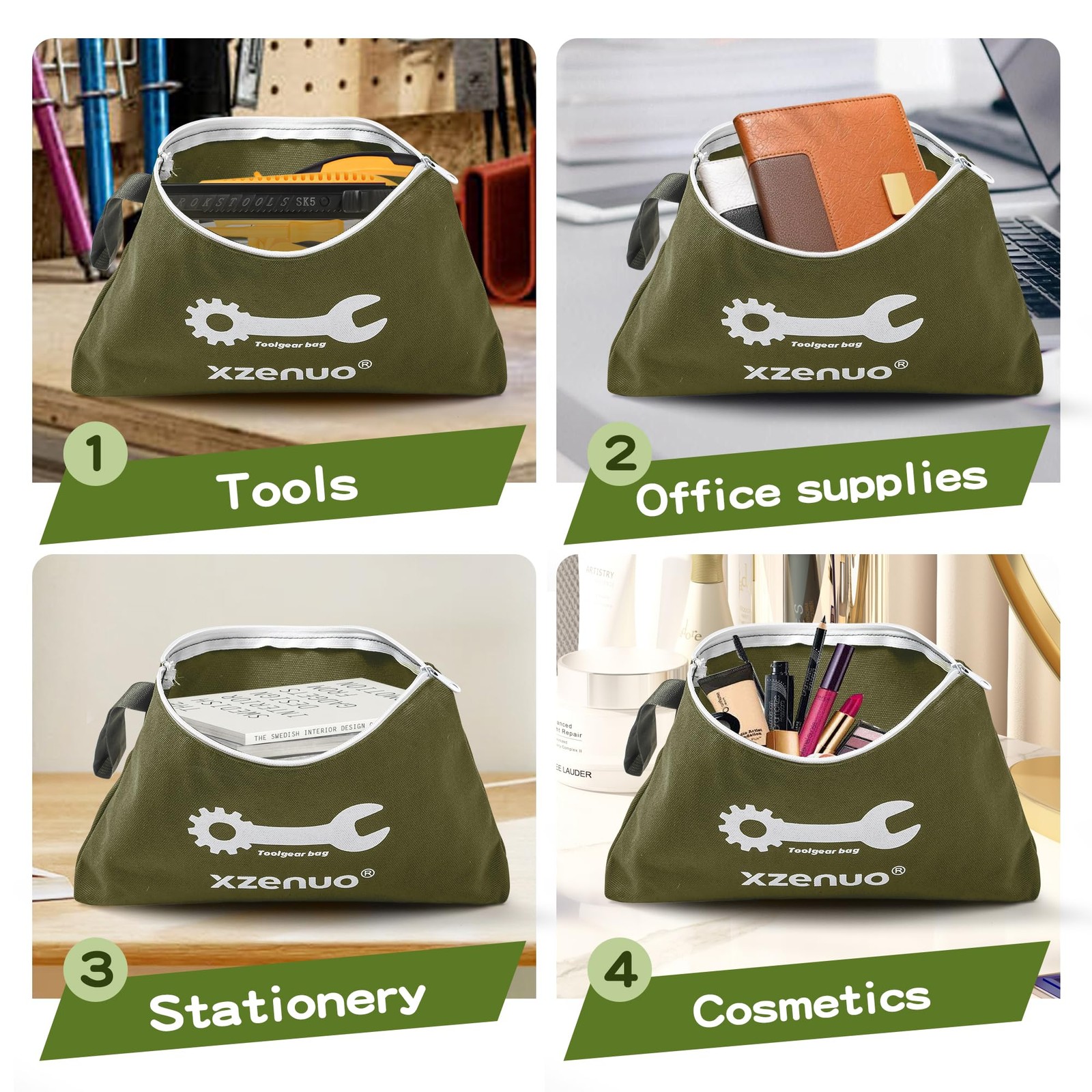 Xzenuo Small Tool Bag with Zipper,16oz 12 inch Pouches 12.5 inches, Green