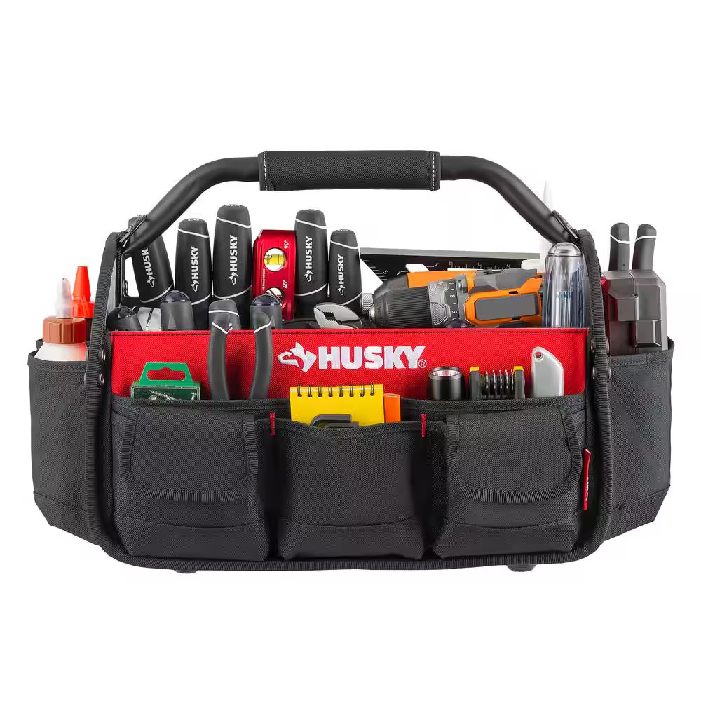 Husky 17 in Open Top Tool Bag 18 Pocket Water Resistant Tote w/ Rotating Handle