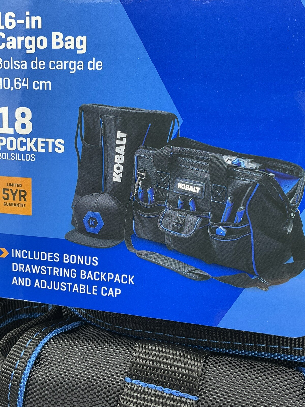 Kobalt 16” Cargo/Tool Bag Includes Drawstring Backpack And Adjustable Cap – New