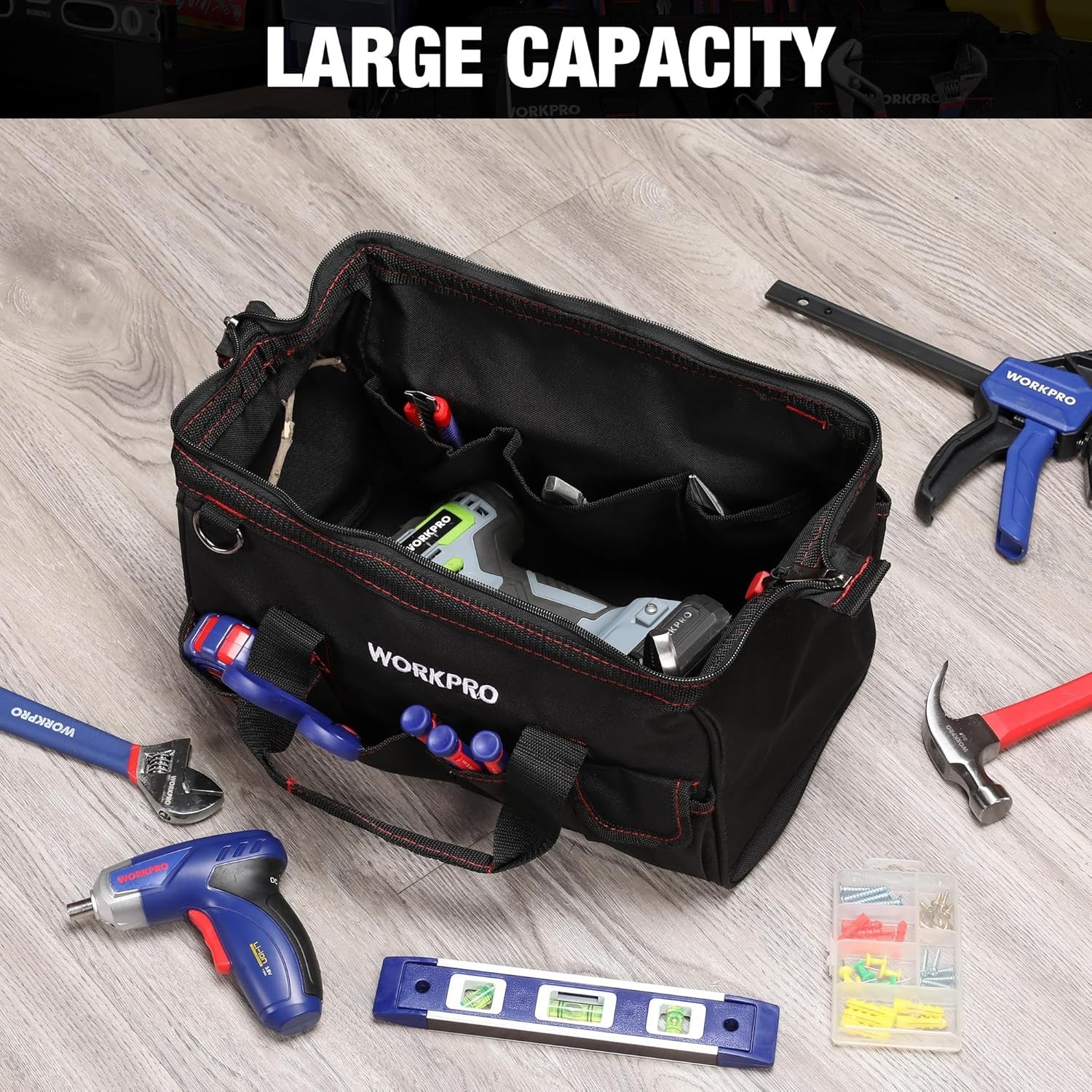 Durable 14-Inch Multi-Pocket Tool Bag with Adjustable Shoulder Strap in Black