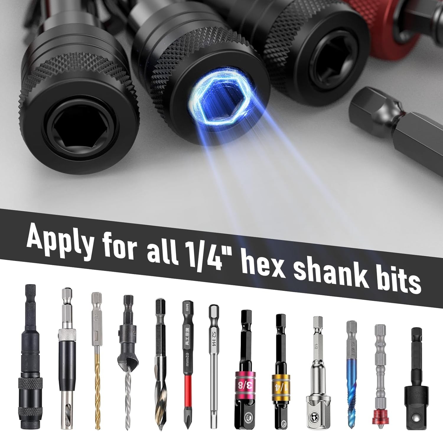 Impact Bit Holder 1/4 Inch Hex Drive, 6pcs Non-Slip Keychain Organizer, Heavy