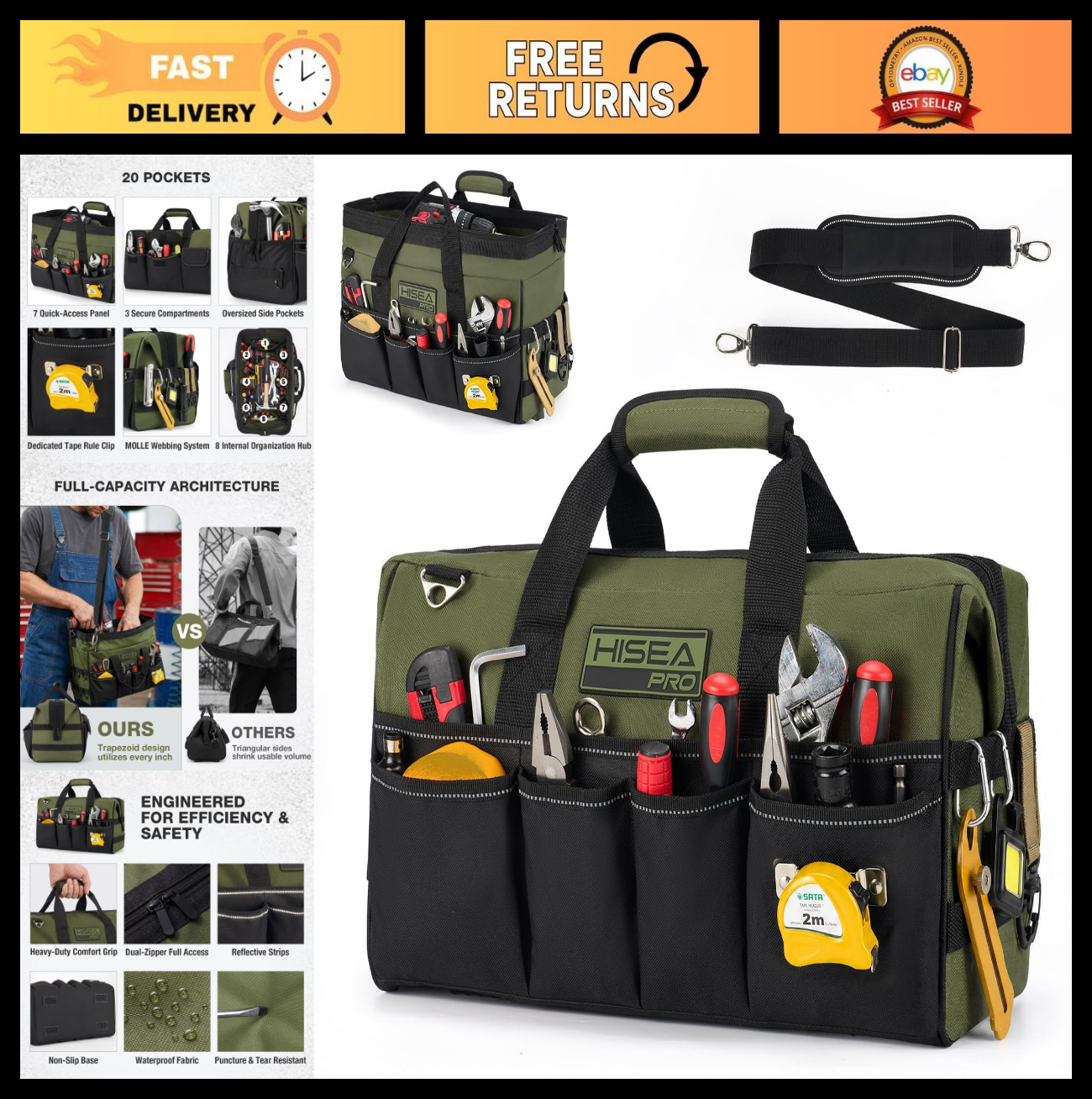 Heavy Duty Tool Bag – 20 Pockets, Waterproof, 16-Inch Organizer, Adjustable Stra