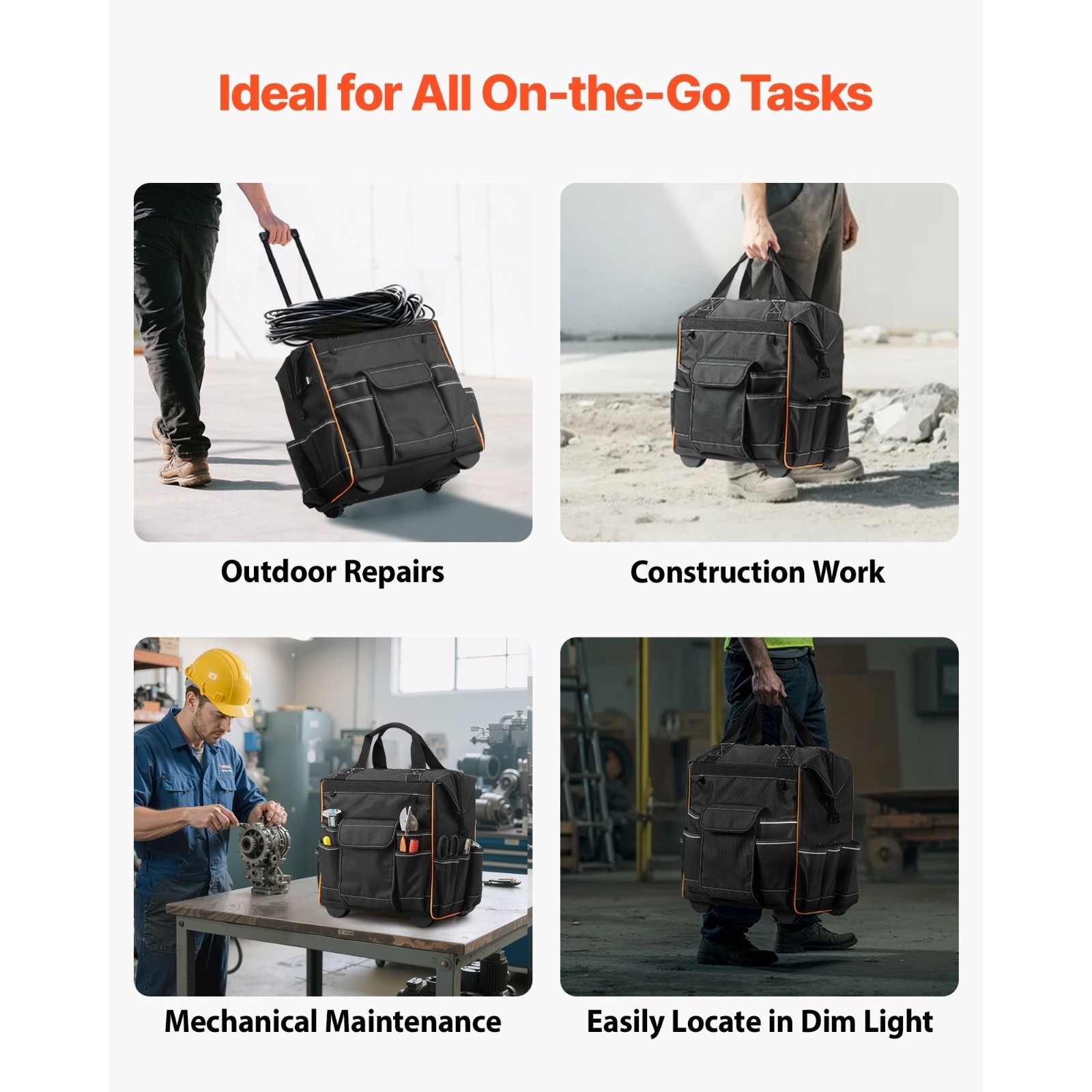 Rolling Tool Bag with Wheels 110 lbs Load Capacity 25 Pockets for Heavy Duty Use
